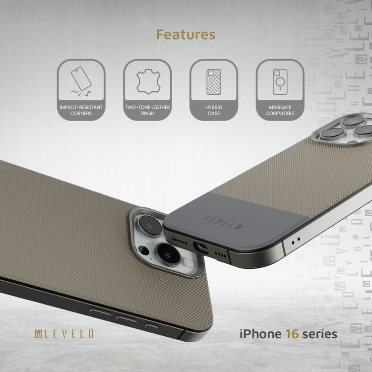 Levelo Cuir Two Tone Leather Case For iPhone 16 Pro, Durable, Compact Design, MagSafe Compatible, Hybrid Case, Impact-Resistant Corners , Aluminum Bumper Finish, High Quality Material - Gray