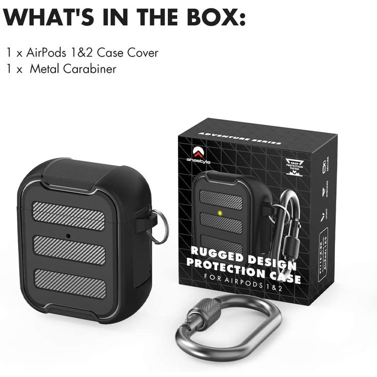 AhaStyle Rugged Armor Premium TPU Case with Anti-Lost Carabiner Compatible for AirPods 1/2, Hard-Shell Protective Cover, Scratch Resistant, Shock Absorption, Drop Protection, & Dustproof Protective Silicone Cover Supports Wireless Charging - Black