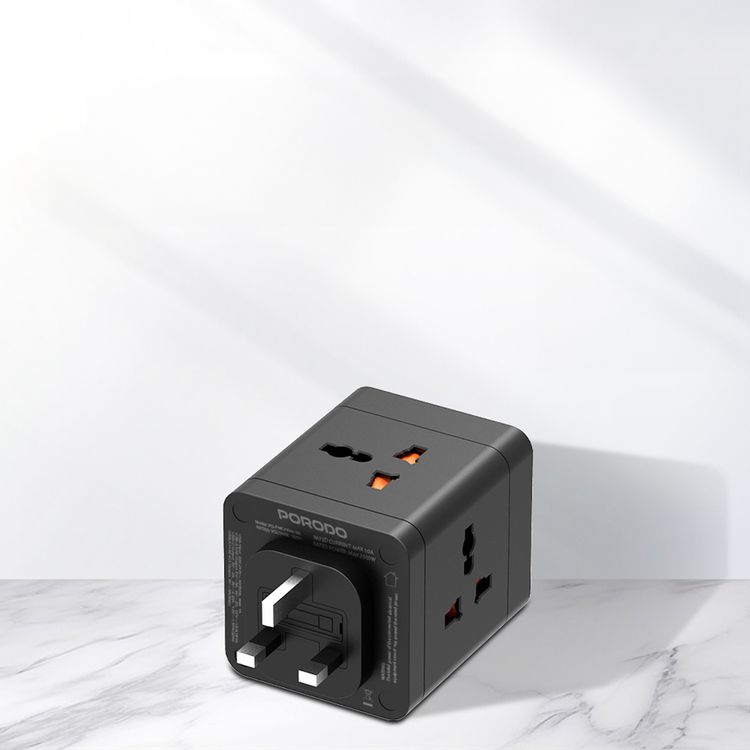 Porodo 4-AC Universal Power Block Adapter with USB-C & Dual USB-A Ports, Fast Charge, 20W Power Delivery, Built-in Safeguards, Simultaneous Charging, 2500W Rated Power - Black