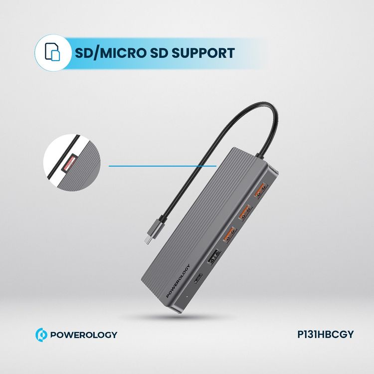 Powerology 13-in-1 USB-C Hub, 4K, HDMI, Type-C, 100W PD, Ethernet, USB SD MicroSD, 3.5 AUX - Gray