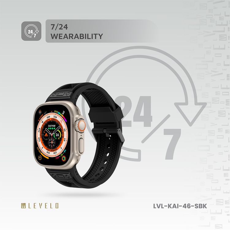 Levelo Kai Watch Strap, Apple Watch SE 9/8/7/6/5 (46/49mm), TPU + Metal Buckle, Hypoallergenic, 24/7 Wearability - Stealth Black