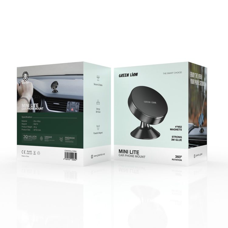 Green Lion Mini Lite Car Phone Mount with Powerful Magnet, Strong 3M Glue, 360° Rotation, Secure & Stable, Zinc Alloy Material - Black