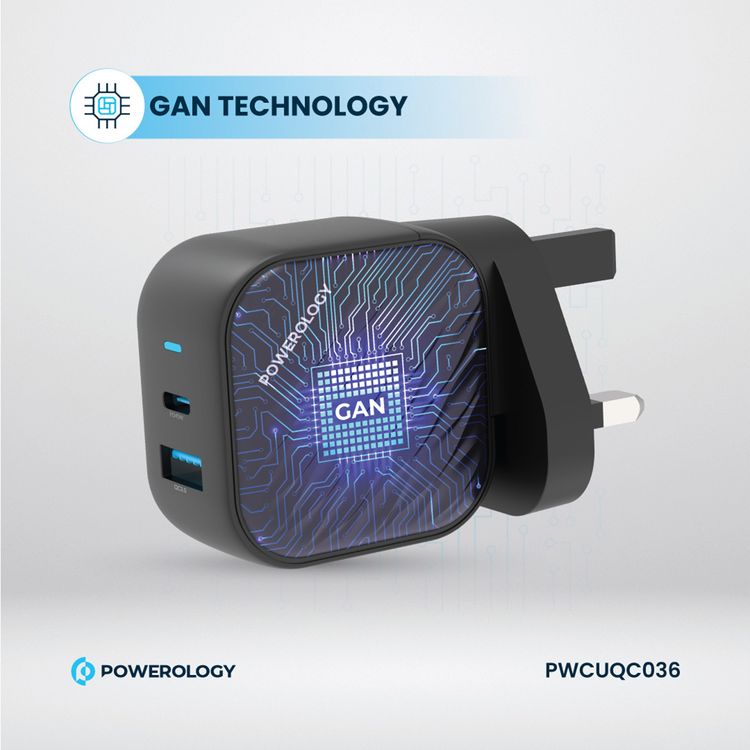 Powerology GaN Dual-Port Wall Charger with 45W Power Delivery, Built-in Safeguards, Universal Compatibility, 1.2A Rated Current, AC 100-240V Rated Voltage - Black