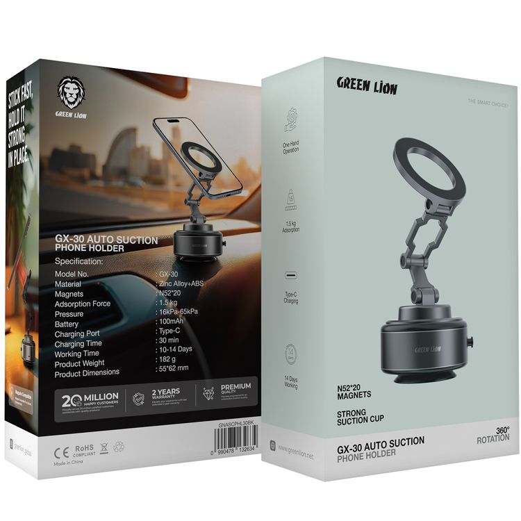 Green Lion GX-30 Auto Suction Phone Holder with 360° Rotation, Strong Suction Cup, 1.5kg Adsorption, One-Hand Operation, MagSafe Compatible, Type-C Charging, 14 Days Working Time - Matte Black