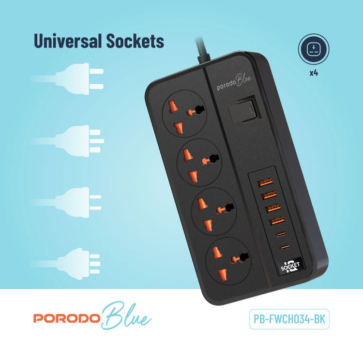 Porodo 4AC Universal Power Strip with Premium Materials, Safety Shutters, 13A Maximum Current, USB-A&C Output - Black  