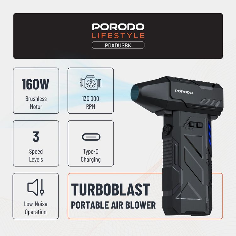 Porodo Lifestyle Turboblast Portable Air Blower with Air Nozzle Attachment, Up to 32 Minutes Working Time, 3 Adjustable Speed Levels, 160W Output Power, Low-Noise Operation, 130000RPM Motor Speed, USB-C Charging Port - Black