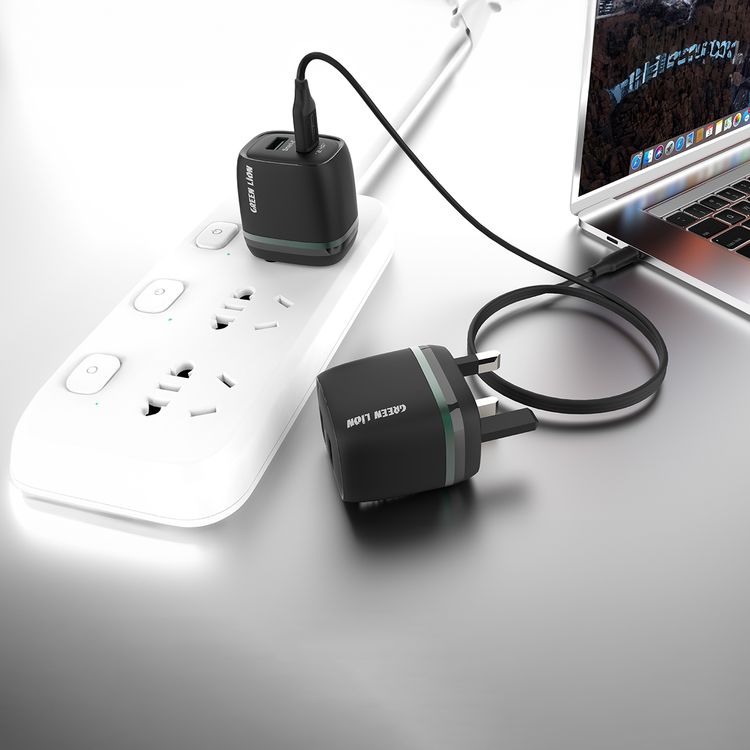 Green Lion Dual Port Wall Charger with USB-A to Lightning Cable Type, 1m Cable Length, 3-Pin UK Plug, 12W Power, 2.4A Fast Charging, ×2 USB-A Ports, Charging Protection, Multi-Device Charging, Portable Design - Black
