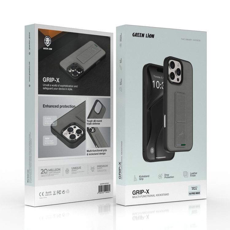 Green Lion Gripx Multi-Functional Kickstand Case for iPhone 16 Pro Max, Soft Touch, Anti Scratch, Drop Protection, Raised Edges, Camera Protection - Gray 