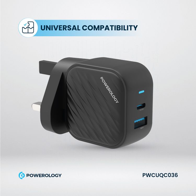 Powerology GaN Dual-Port Wall Charger with 45W Power Delivery, Built-in Safeguards, Universal Compatibility, 1.2A Rated Current, AC 100-240V Rated Voltage - Black