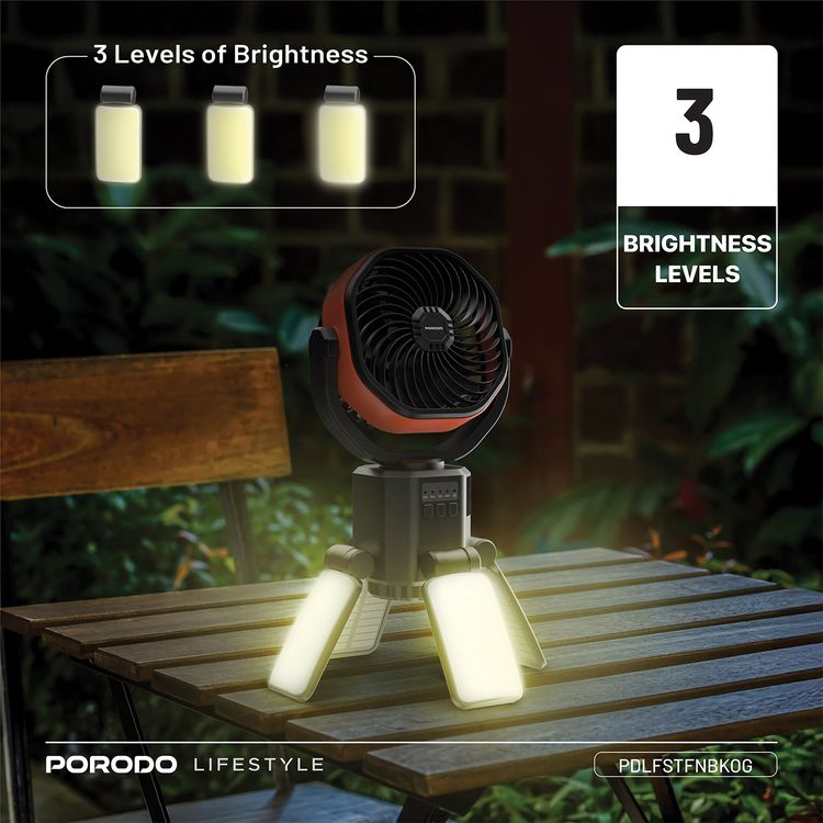 Porodo Suncharge Outdoor Solar Fan with LED Lighting & Power Bank Function, 3 LED Brightness Levels, 4 Speed Settings, Foldable Hanging Hook, 150°Auto Oscillation, Up to 30 Hours Working Time, 6000mAh Battery, 5W Rated Power - Black / Orange