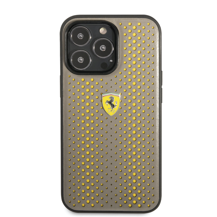 Ferrari PU Leather Perforated Case with Nylon Base & Yellow Shield Logo iPhone 14 Pro Max Compatibility - Yellow