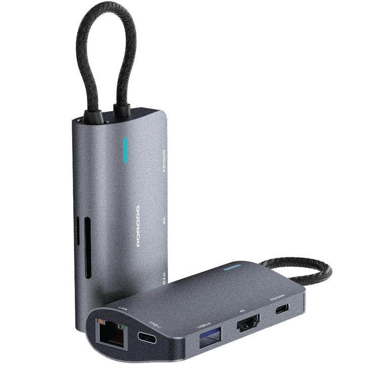 Porodo 7-in-1 Multi-Port USB-C Hub with USB-C, HDMI, RJ45, USB 3.0, USB-C 3.0, SD & TF Ports, 140mm Cable Length, 100W Power Delivery, Fast Data Transfer, Plug & Play Design - Gray