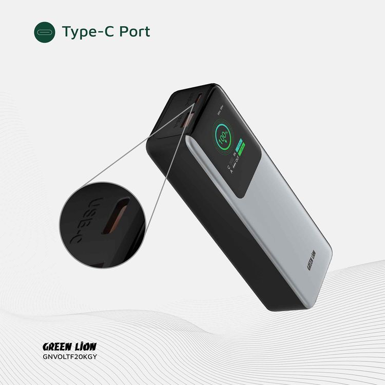 Green Lion Voltura 20000mAh Power Bank with TFT Display, Lightweight Design, Fast Charging, Wide Compatibility, Exquisite Appearance - Gray