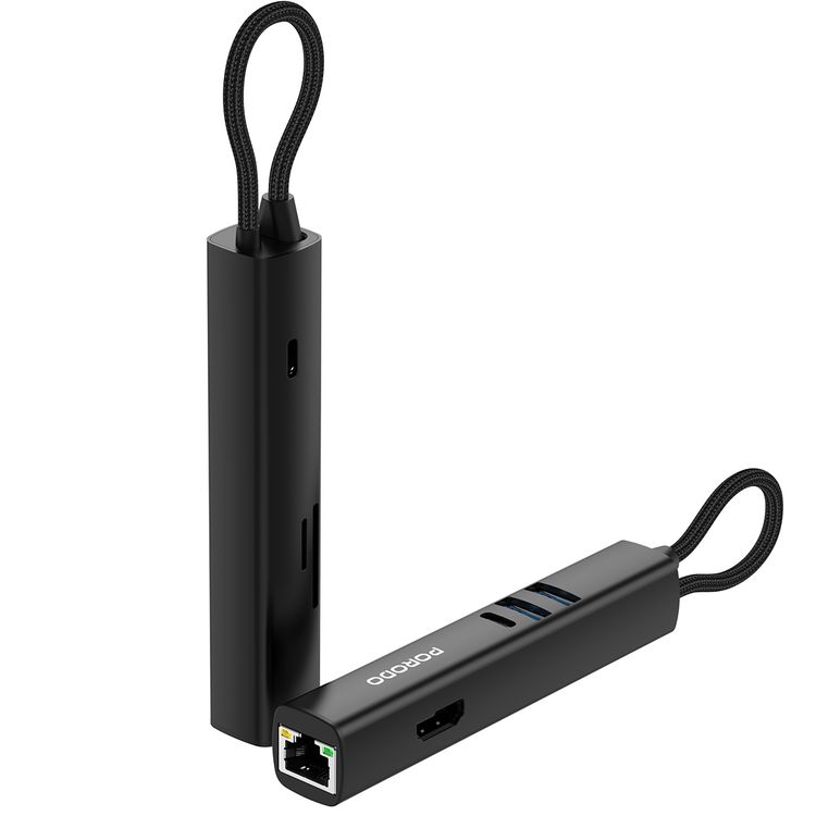 Porodo 8-in-1 Multi-Port USB Hub, 100W Power Delivery, Compatible with Windows, macOS, ChromeOS, Nintendo Switch, Fast Data Transfer, Aluminum Alloy Material, Plug & Play Operation - Black