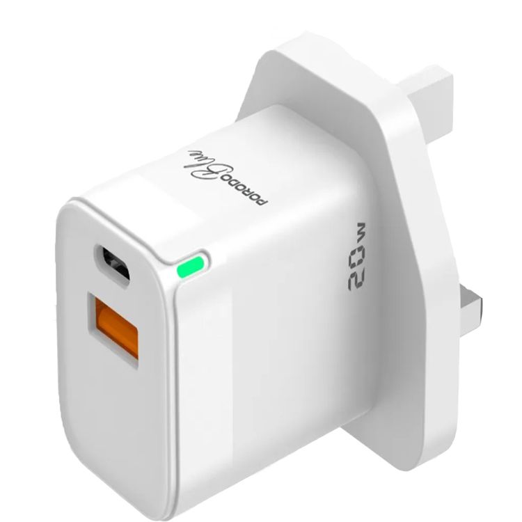 Porodo Blue Ultra-Quick Charger with USB-A & USB-C Ports, 20W, 3A Output Current, 5V Output Voltage, Multi-Device Charging, Fast Charge Support, Over Charge Protection, Overheat Protection - White