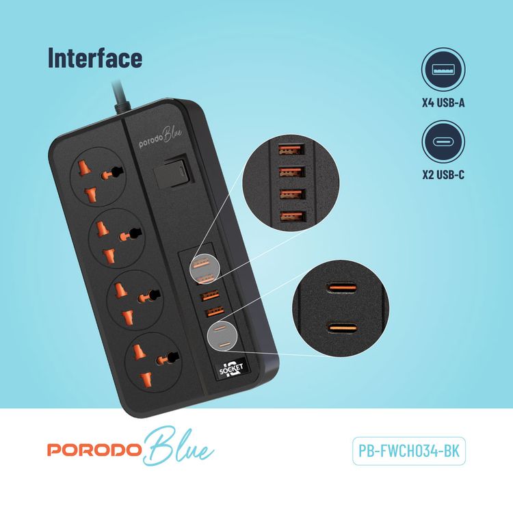 Porodo 4AC Universal Power Strip with Premium Materials, Safety Shutters, 13A Maximum Current, USB-A&C Output - Black  