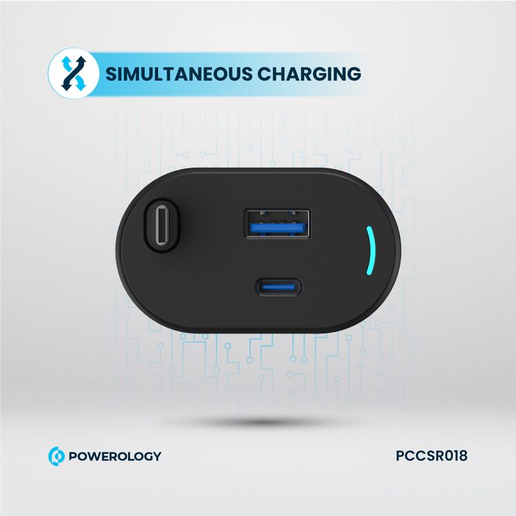 Powerology Type-C Retractable Car Charger, Dual Ports, Patented Design, Built-in Safeguards, Simultaneous Charging, Integrated Type-C Cable - Black