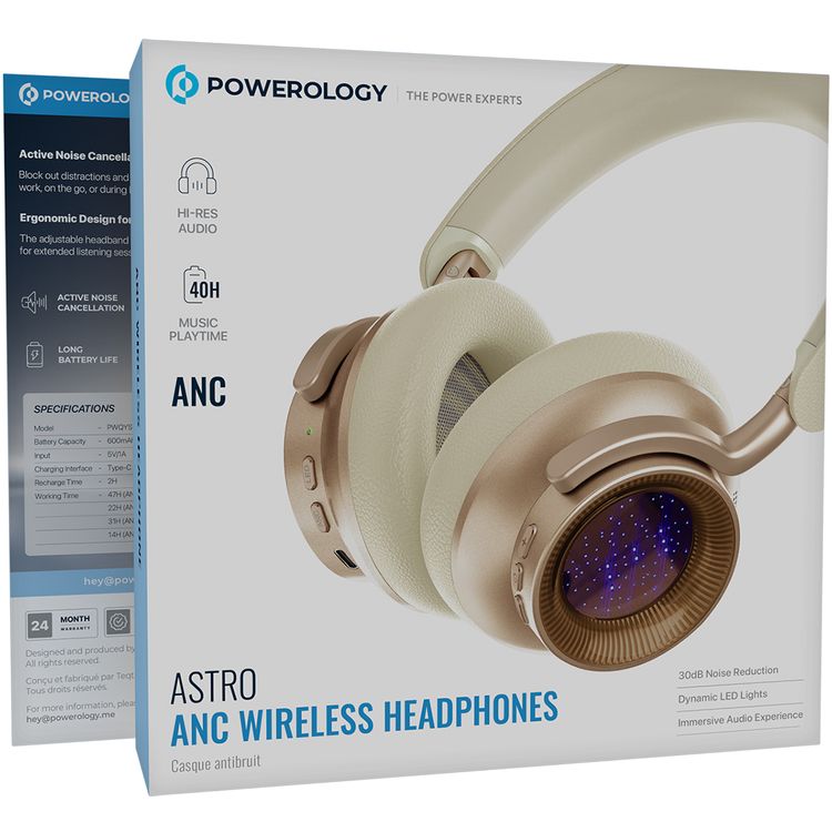 Powerology Astro ANC Wireless Headphones with Up to 40 Hours Play Time, Wireless & Wired Modes, Bluetooth Version 5.4, Customizable LED Lights, 600mAh Battery, Ergonomic Design, 95 Hours Standby Time, 40mm Driver Size - Beige