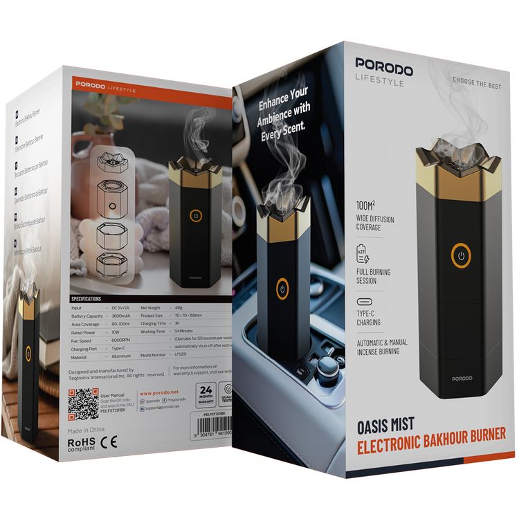 Porodo Oasis Mist Electronic Bakhour Burner with Automatic & Manual Incense Burning, 54 Minutes Working Time, 6000RPM Fan Speed, 3 Hours Recharge Time, 3600mAh Battery, Up to 100m² Wide Diffusion Coverage - Black