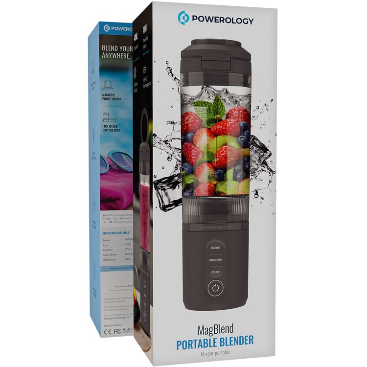 Powerology MagBlend Portable Blender with Magnetic Phone Mount, 6 Sharp Steel Blades, Powerful Ice Crushing, Multi-Mode Blending, 470mL Capacity, Fits to Car Cup Holders - Gray