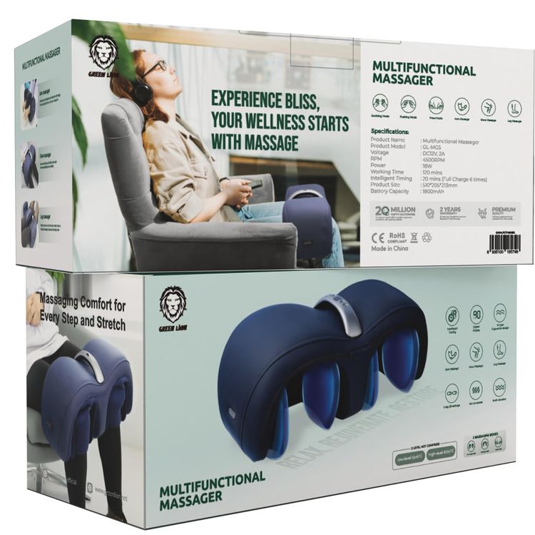 Green Lion Multifunctional Massager with 1800mAh Battery Capacity, Arm, Knee & Leg Massage, 18W Power, 55°C to 60°C Hot Compress Temperature, Digital Display - Blue
