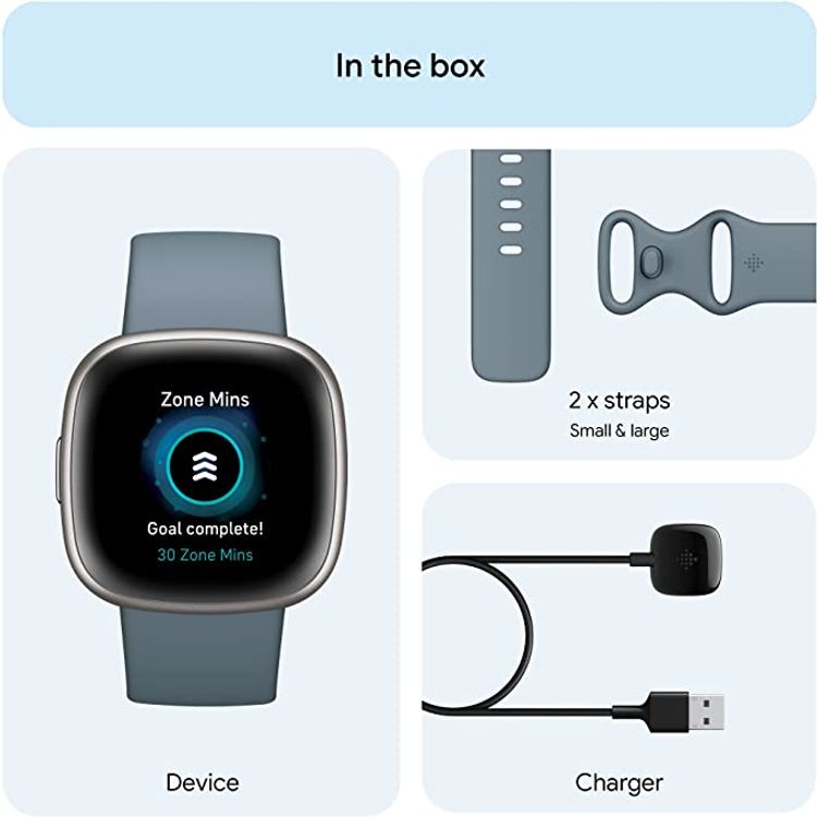 Fitbit Versa 4 Fitness Aluminum Wristband with Heart Rate Tracker - Waterfall Blue/Platinum Aluminum