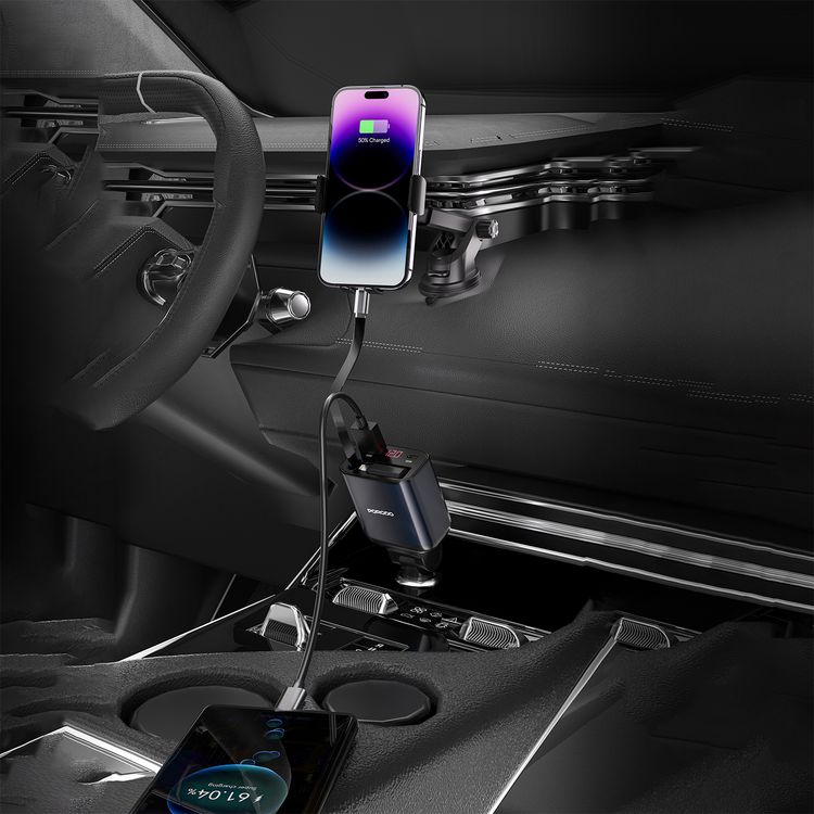 Porodo Dual Port & Connector Car Charger with Retractable Cable, 105W Total Output Power, Simultaneous Charging, USB-A & USB-C Ports, Type-C & Lightning Connectors, 80cm Cable Length, Digital Display, 27W Lightning Adapter, Universal Compatibility - Black
