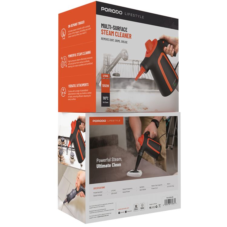 منظف البخار متعدد الأسطح من بورودو لايف ستايل بسعة خزان ماء 350 مل، درجة حرارة بخار ساخن 110 درجة مئوية، ملحقات متخصصة، زناد حسب الطلب - أسود