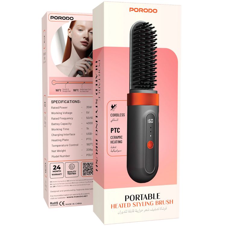 Porodo Lifestyle Portable Heated Styling Brush with PTC and Ceramic Heating Plate, 3 Temperature Settings, Type-C Charging Port, 4000mAh Battery Capacity, 1 Hour Working Time, Portable Design - Black 