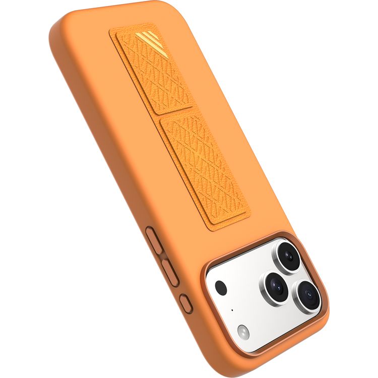 حافظة ليفيلو مورفيكس من السيليكون مع قبضة حاملة لهاتف آيفون 17 برو ماكس، عرض حر اليدين، بطانة داخلية من الألياف الدقيقة الحقيقية، حامل أفقي وعمودي، واقي صدمي، حواف مرتفعة للكاميرا والشاشة، تصميم نحيف - برتقالي