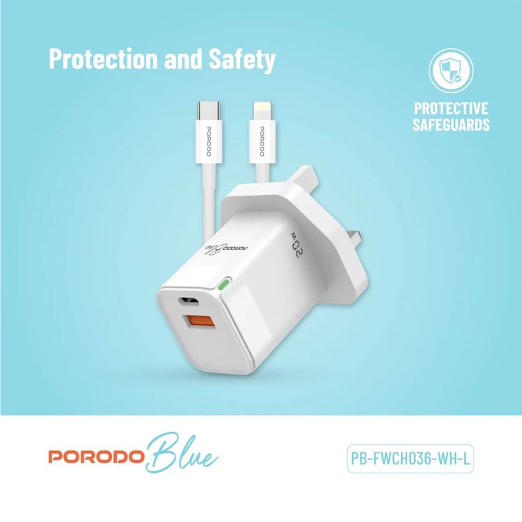 Porodo Blue Ultra-Quick Charger with 1m USB-C to Lightning Cable, USB-A & USB-C, 20W, 3A Output Current, 5V Output Voltage, Multi-Device Charging, Fast Charge Support - White