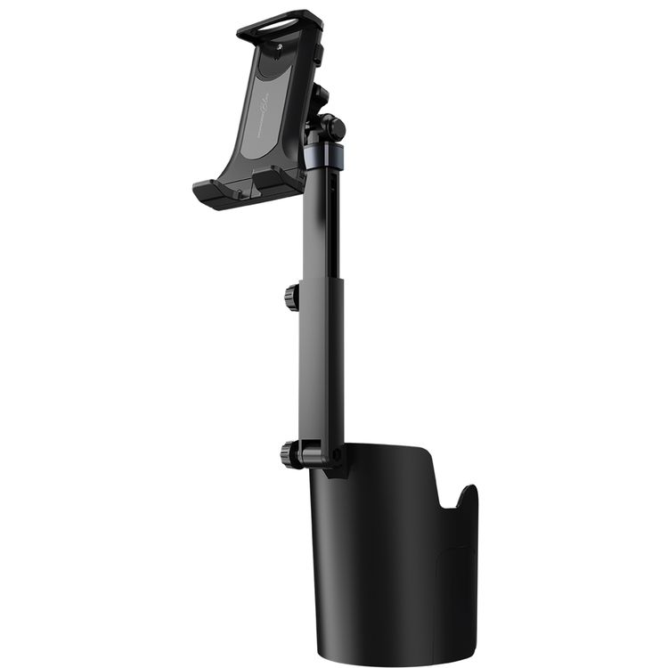 Porodo Blue Cradle Car Cup Holder with Adjustable Arm, Stable Cup Fit, Full-Angle Rotation, Extendable Length, Horizontal and Vertical Viewing, One-Handed Operation, Universal Compatibility, ABS and Silicone Material, 120-220 mm Clamp Size, Compatible with  5"-12.9" Devices - Black