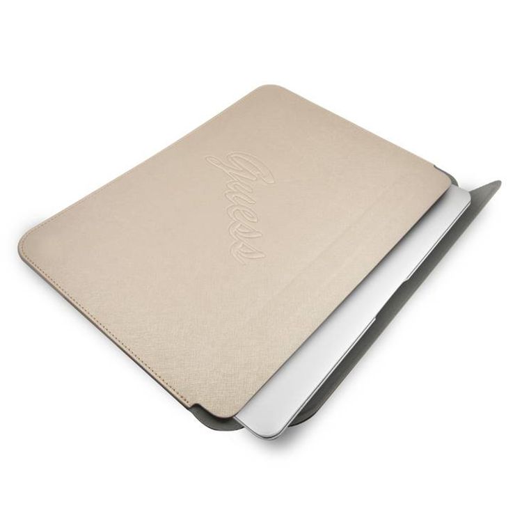 Guess PU Saffiano Script Computer Sleeve 13" with High-Quality Synthetic Leather Material, Water Resistant, Magnetic Closure - Gold