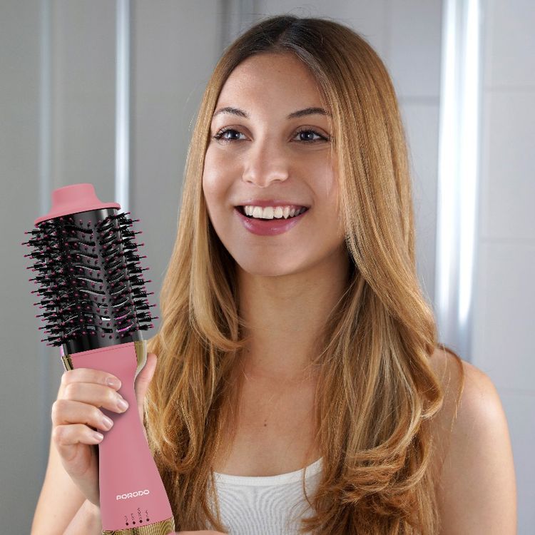 Porodo Shinewhirl Electric Hair Styling Brush with Hair Straightener Brush & Dryer, 3-Pin UK Plug, 1.8m Cord Length, Adjustable Heat Levels, Scalp Massaging Ball Tips, Ergonomic Design - Pink