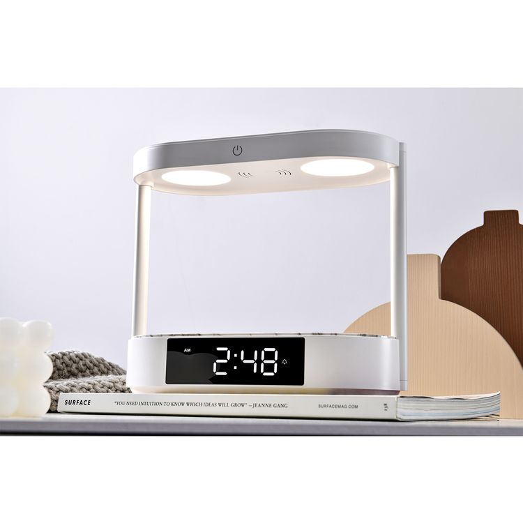 Porodo Bedside Light with Wireless Charger and Digital Clock, 3 Brightness Levels, Dual Wireless Charging, Alarm and Snooze Function, Digital Display - White