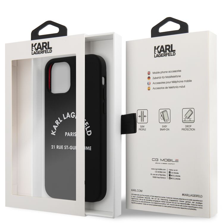 CG Mobile Karl Lagerfeld Silicone Hard Case RSG White Logo Compatible for Apple iPhone 12 / 12 Pro (6.1"), Easy Access to All Ports, Scratch Resistant & Drop Protection Back Cover Suitable with Wireless Charger Officially Licensed - Black