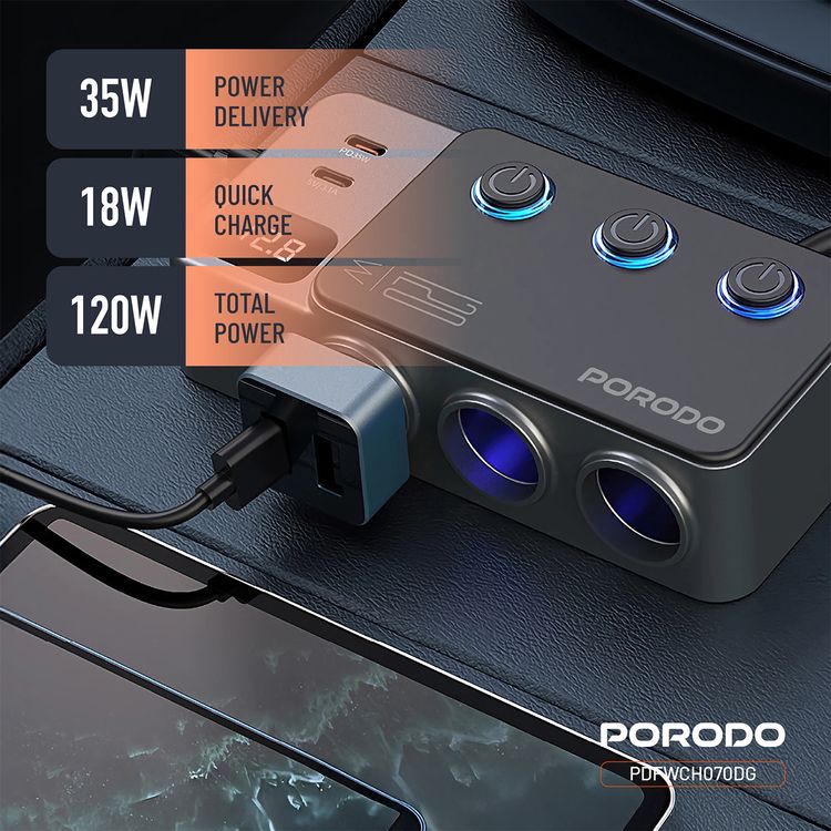 Porodo 120W Car Charger Hub with Triple-Port Lighter Sockets, 3 USB-A & 2 USB-C Ports, 35W PD, 65W QC, 95cm Cable, Real-Time Voltage Display, Independent Power Switch - Dark Gray