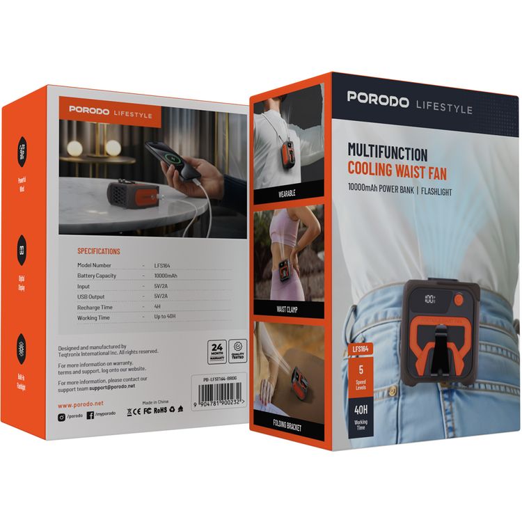 Porodo Lifestyle Multifunction Cooling Waist Fan with 10000mAh Power Bank, Flash Light, Powerful Wind, Digital Display, 5 Speed Levels, 40 Hours Working Time, 4 Hours Charging Time, Neck Strap - Orange / Brown
