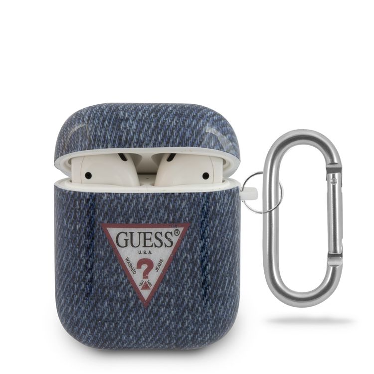 CG Mobile Guess TPU Denim Print Case with Anti-Lost Ring Compatible for AirPods 1/2, Scratch Resistant, Shock Absorption, Drop Protection