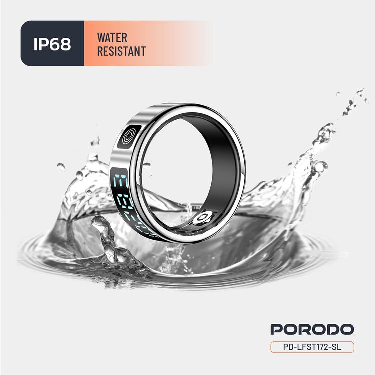 Porodo FitSync Smart Ring with Digital Display with Touch Scroll Function in Small Size 7, Up to 4 Days Active Use Time, 96KB Ram & 128KB ROM, Camera Gesture Control, Activity Tracking & 128 Sport Modes - Silver