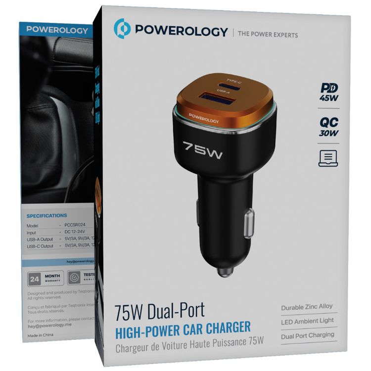 Powerology 75W Dual-Port High-Power Car Charger, USB-C & USB-A Ports, 75W Total Output, 45W Power Delivery, LED Ambient Light, Fast Charge, Zinc Alloy with Oil Painting Finish Material - Black / Orange