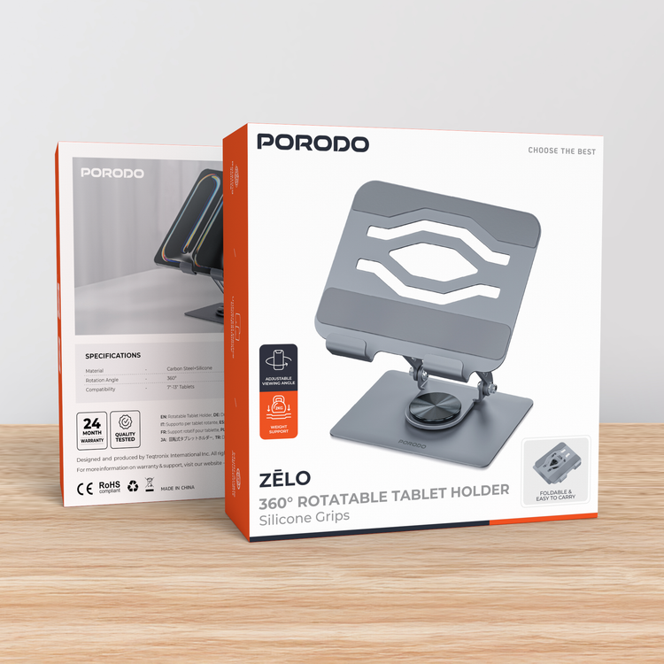 Porodo Zelo 360° Rotatable Tablet Holder with Foldable Design, Universal Device Compatibility, Rotating Joints, Multi-Angle Adjustment, Anti-Slip Base, Easy to Carry, Silicone Grips - Gray 