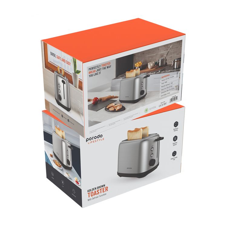 Porodo Lifestyle Golden Brown Toaster with Defrost Function, 6 Browning Options, 750W Power, Aluminum & ABS Material, Breadcrumbs Tray - Black