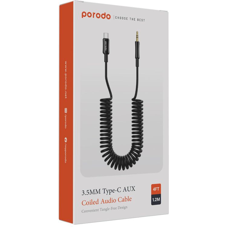 Porodo 3.5mm AUX to USB-C Coiled Audio Cable with 1.2m Length, Universal Compatibility, Auto-Retract & Tangle-Free Design - Black