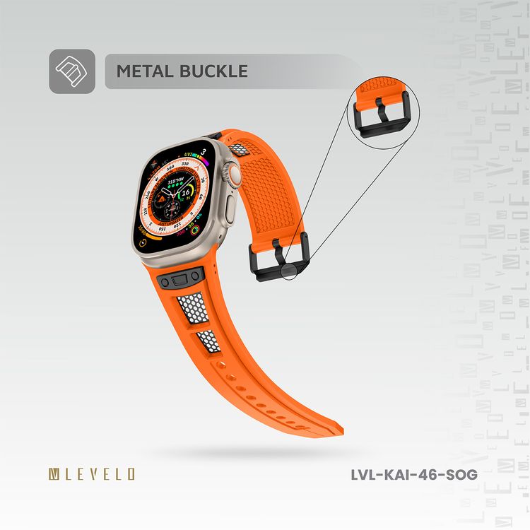 حزام ساعة Levelo Kai، لساعة Apple Watch SE 9/8/7/6/5 (46/49 ملم)، مصنوع من TPU + مشبك معدني، مضاد للحساسية، مناسب للارتداء على مدار الساعة - برتقالي غروب الشمس