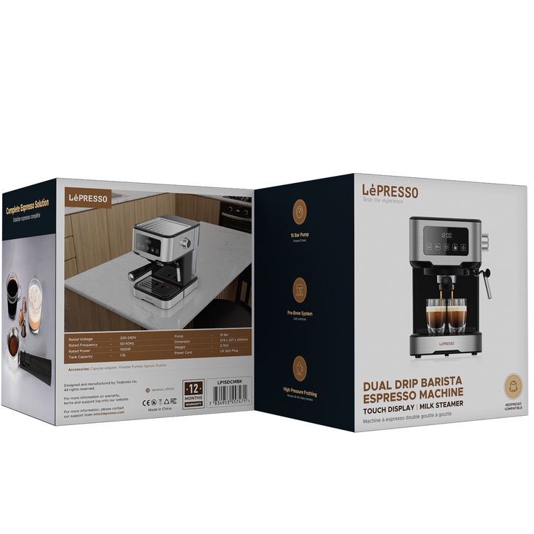 LePresso Digital Coffee Machine with 20 Bar Pressure Pump, High Pressure Frothing, Pre-Brew System, 1100W Rated Power, 1.5L Tank Capacity  - Black