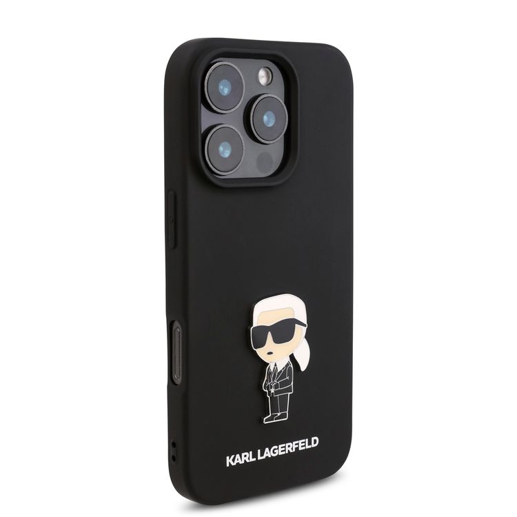 جراب صلب من السيليكون TPU من Karl Lagerfeld مع شعار Ikonik لأيفون 16 برو، مادة متينة، قبضة مريحة وآمنة، خفيف الوزن ونحيف - أسود