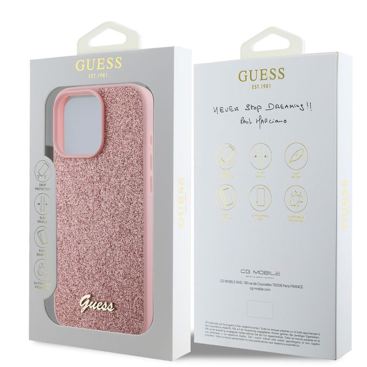 Guess Fixed Glitter Hard Case with Script Metal Logo for iPhone 16 Pro Max, Slim Profile, Drop Protection, Easy Snap-On, High-Quality Material, Extra Shield Protection - Pink