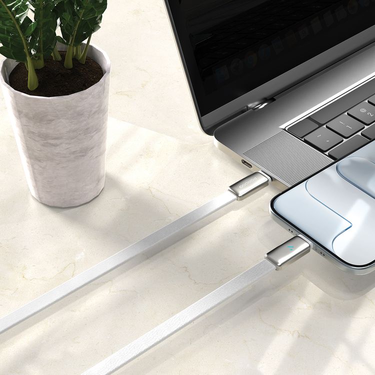 Porodo 100W Led USB-C to USB-C Leather Cable, Charging & Data Transfer, 1.2m cable Length, High Speed Charging, 4.7mm Cable Thickness, 480Mbps Data Transfer Speed - White