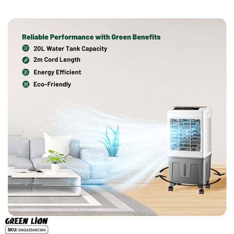 مبرد هواء GA20 من Green Lion بسعة 20 لترًا وقوة 60 وات وسعة خزان مياه 20 لترًا واهتزاز 360 درجة لتوزيع الهواء بالتساوي وجهاز تحكم عن بعد وشاشة رقمية - أبيض ورمادي